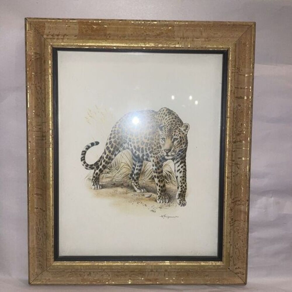 Framed Wilhelm Eigener Cheetah Print Gold Frame Grass Prowl 10 1/2 X 13" Vintage